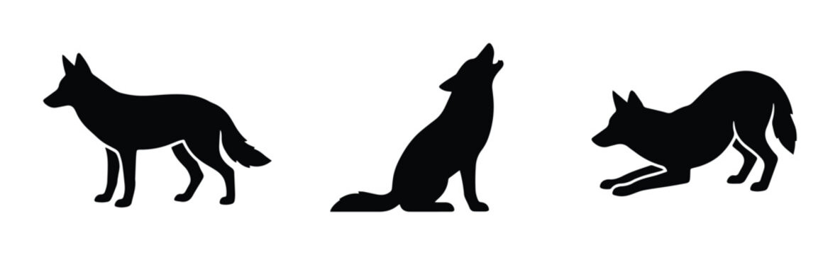Wolf silhouettes set with howling and playing poses for wildlife logos