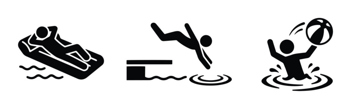 Water activities set with person relaxing on raft, diver and playing ball