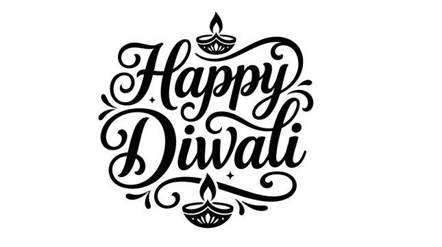 Happy Diwali festival of lights greeting card design with colorful hand drawn calligraphy and traditional oil lamps