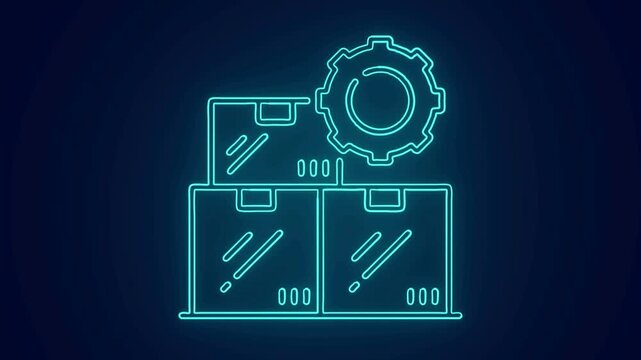 Neon glowing line boxes and gear icon on dark blue background.