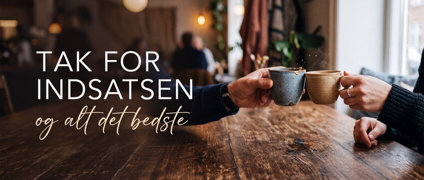 Two hands clinking coffee cups over wooden table with Danish text TAK FOR INDSATSEN og alt det bedste in cozy cafe, retirement farewell appreciation celebration thank you banner concept design.