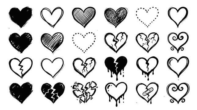 Set of black hand drawn heart icons and broken heart sketches for romantic love greeting cards and wedding decoration