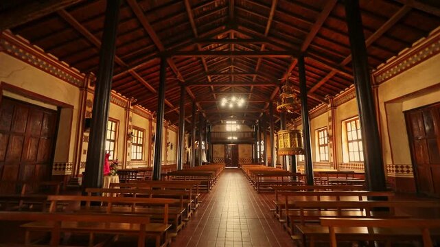 Interior view of a historic wooden church with rows of empty pews and a central aisle leading to the altar.