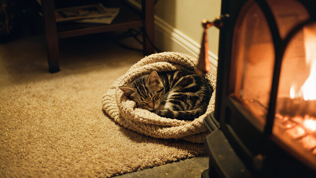 Tabby Kitten Sleeping in Knitted Pet Bed beside Wood Burning Stove in Warm Firelight