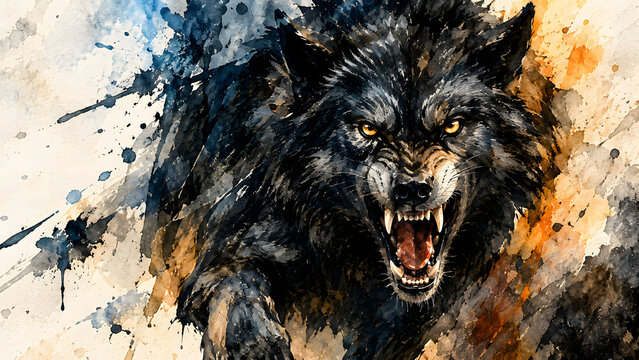 Aggressive Black Wolf Watercolor Art Showing Teeth and Growling, Fierce Wild Animal Portrait, Intense Predator Expression, Dark Wildlife Illustration, Fear, Ferocity and Wilderness