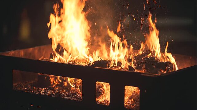 Controlled fire burning inside a metal container at night, bright orange flames against a dark background, industrial fire safety, emergency heating, combustion, heat source, dramatic fireligh