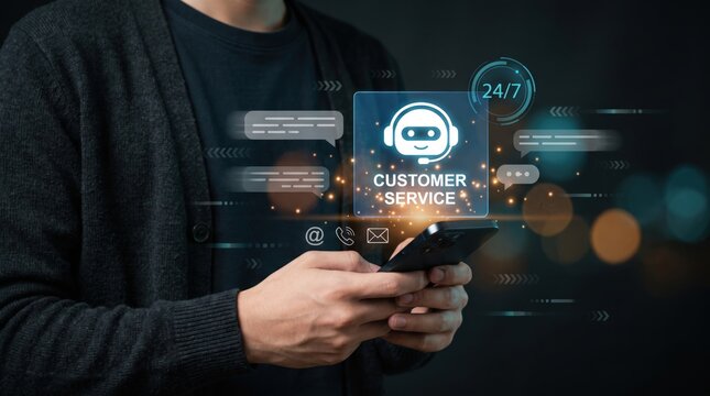 Customer service specialist utilizes smart AI chatbot automation and mobile messaging tools on a smartphone to provide seamless real-time support and 24-7 digital communication for clients.