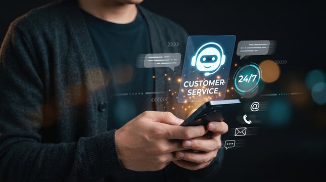 Customer service specialist utilizes smart AI chatbot automation and mobile messaging tools on a smartphone to provide seamless real-time support and 24-7 digital communication for clients.
