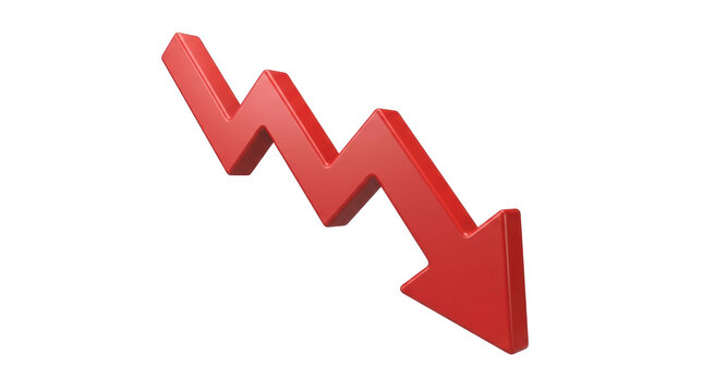 Red 3D downward arrow graph icon on white background representing financial loss or market decline