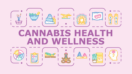 Fototapeta premium Cannabis health and wellness banner infographic. Inflammation tincture, anxiety appetite, healing sleep icon vector illustration