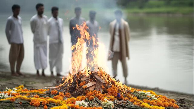 Group of men standing respectfully beside a riverside ceremonial fire, traditional spiritual farewell, cultural ritual, funeral customs, solemn remembrance, sacred flames