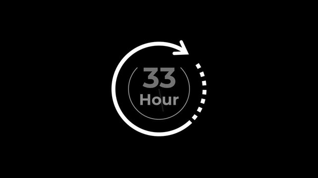 Animated stopwatch timer counting down from 33 with rotating arrow and dotted progress ring in a clean black background