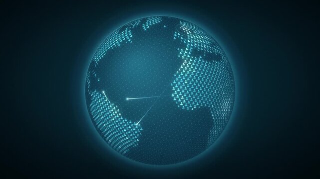 Rotating digital globe made of people icons with glowing connection arcs, seamless loop