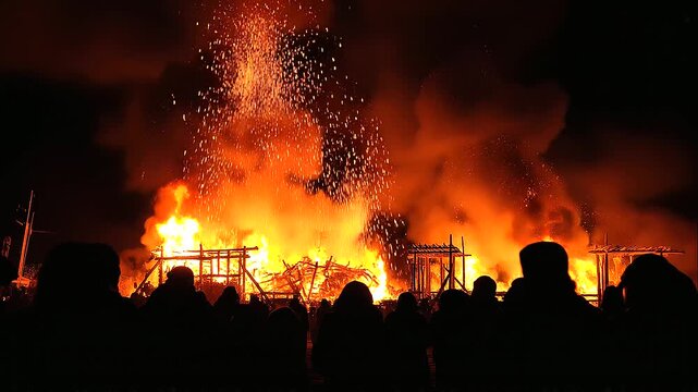 Large fire engulfing traditional outdoor structures at night, dark crowd silhouettes, dramatic flames, rising smoke, emergency scene, cultural event, fire disaster, intense