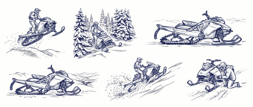 Snowmobile sketch illustration set vector hand drawn winter sport rider riding motor sled in mountain snow, extreme outdoor adventure speed vehicle line art set isolated white background graphics