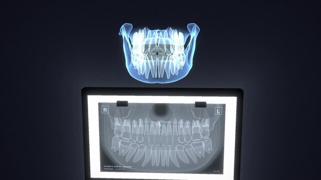 Dental x-ray on lightbox transforming into a rotating 3D hologram jaw with highlighted molar