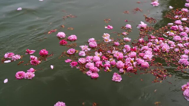 Pink flower petals drifting across a calm river surface, peaceful floral offering, traditional remembrance ceremony, spiritual ritual, cultural heritage, symbolic farewell, serene water