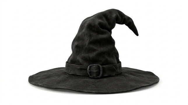 A classic black witch hat made of distressed fabric with a buckle strap, isolated on a clean white background for Halloween costumes and spooky holiday design projects.
