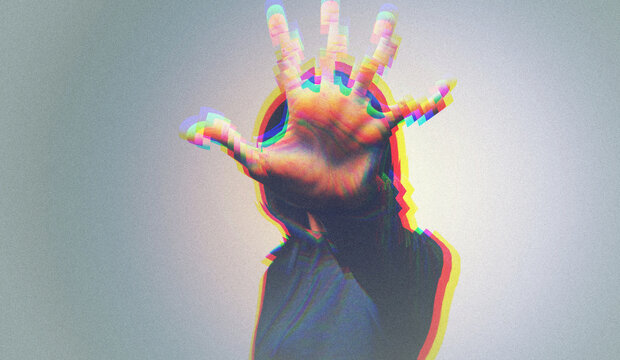 Person Covering Face With Hand Glitch Effect Horizontal Photo Anaglyph Distortion Surreal Portrait Grainy Texture Dark Moody Artistic Conceptual Photography
