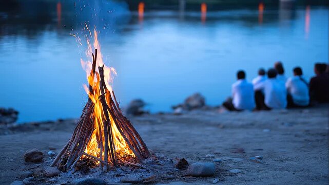 Small ceremonial fire beside a calm river at blue dusk, people sitting quietly in the background, traditional spiritual ritual, cultural gathering, respectful remembrance,