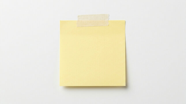 Blank yellow sticky note paper attached with adhesive masking tape isolated on a white background for office memo reminders and creative message boards.