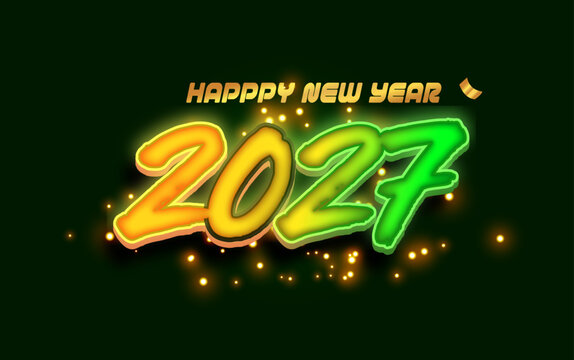 Happy New Year 2027 Colorful Neon Gradient Typography with Glowing Sparkles on Dark Green Background