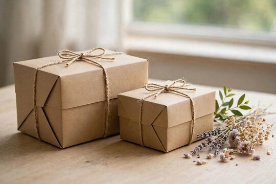 Eco-friendly kraft paper packaging boxes tied with natural twine on a wooden table