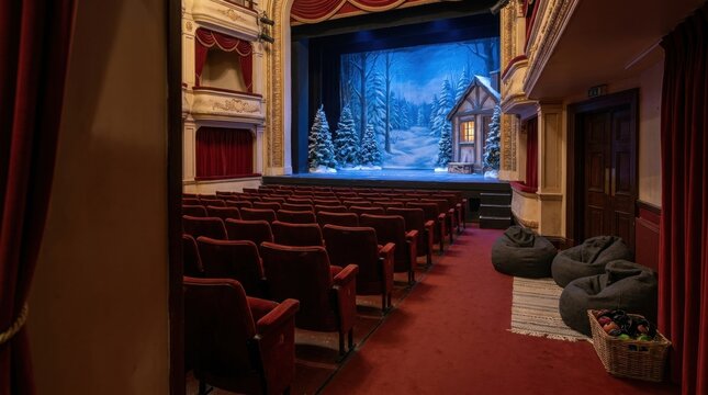 Empty theatre seen from side aisle with winter stage and quiet area
