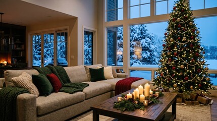 Naklejka premium Decorated Christmas tree in a cozy living room beside snowy winter windows. Holiday home interior with fireplace and candlelit table. Christmas celebration and seasonal decorating.