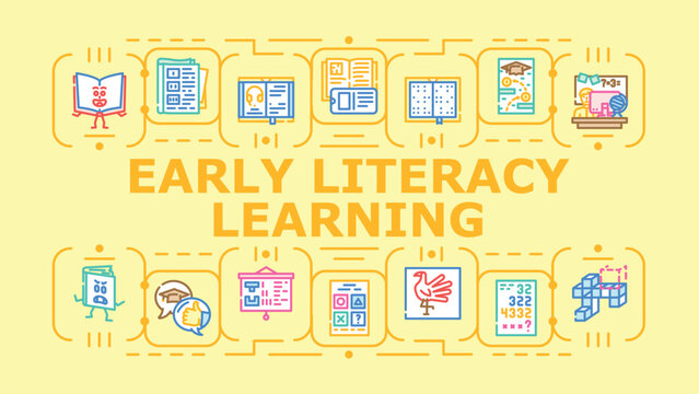 Early literacy learning banner infographic. Readingness letters, reading decoding, phonics fluency icon vector illustration