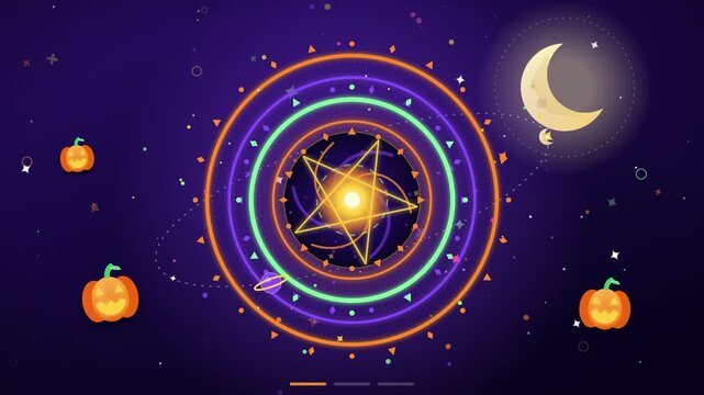 Mystical Halloween Pentagram with Crescent Moon and Pumpkins 4K Video