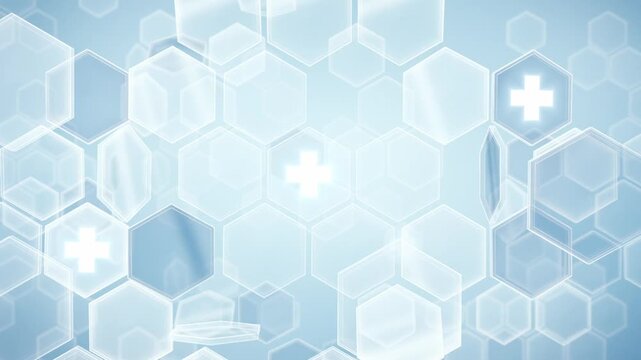 Medical hexagon background with flipping glass tiles and glowing crosses, seamless loop