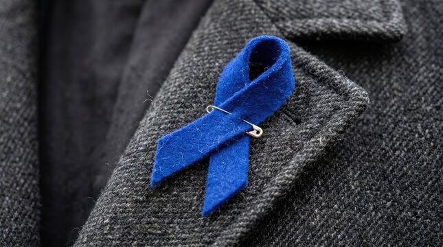Blue prostate cancer awareness ribbon pinned to a gray wool coat, symbolizing men's health awareness, cancer prevention, early diagnosis, and support for patients.