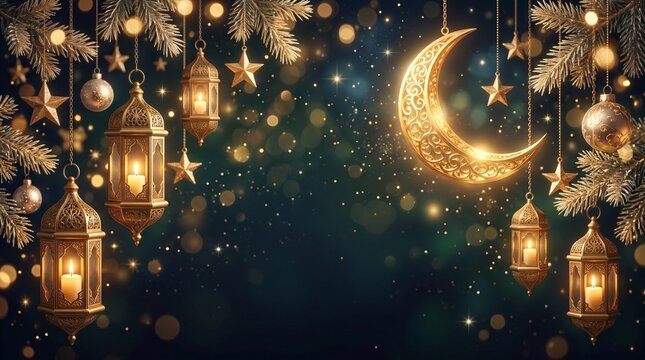 Magic Festive Night Background with Golden Crescent Moon, Hanging Lanterns, and Pine Branches