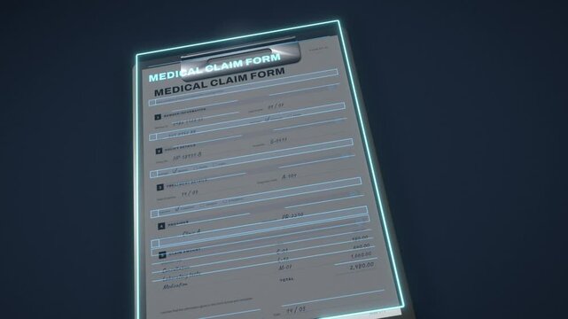 Medical claim form on a clipboard scanned into a holographic claim review and verified with a shield