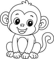 Cute cartoon monkey coloring page for kids, black and white line art of a happy baby ape, smiling jungle animal illustration for school activity. © Hung