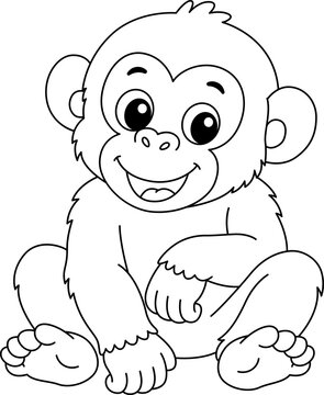 Cute monkey coloring page for kids, baby chimpanzee line art vector, smiling jungle animal character illustration, black and white outline