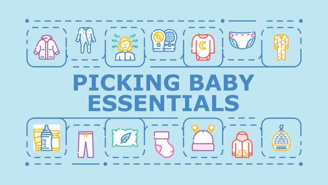 Picking baby essentials banner infographic. Towels bottles, nursery swaddle, blanket bibs icon vector illustration