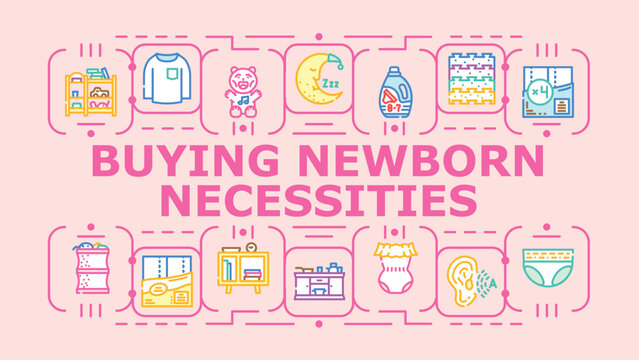 Buying newborn necessities banner infographic. Wipes lotion, shampoo baby, diapers swaddle icon vector illustration