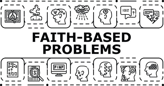 Faith-based problems banner infographic. Shame prayer, forgiveness guilt, conscience conflict icon vector illustration