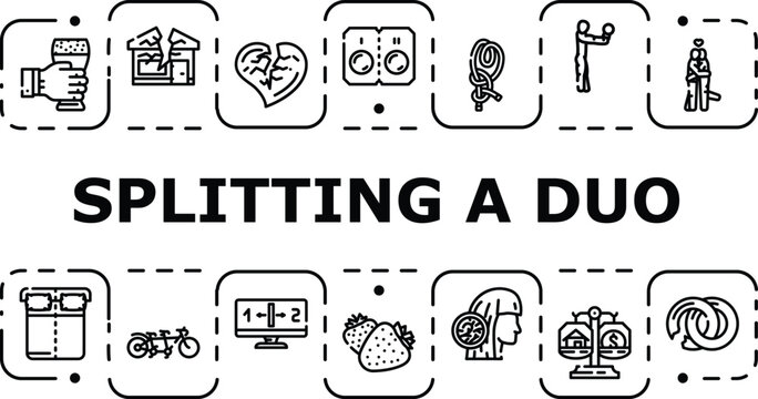 Splitting a duo banner infographic. Division dissension, disband rupture, separation breakup icon vector illustration