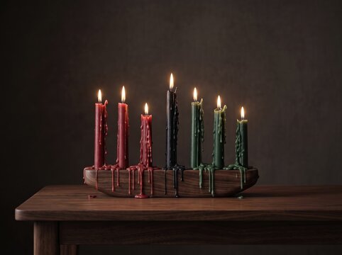 Seven colorful candles burning on a wooden kinara with dripping wax, symbolizing Kwanzaa, African heritage, unity, tradition, and cultural celebration in a warm, dark setting
