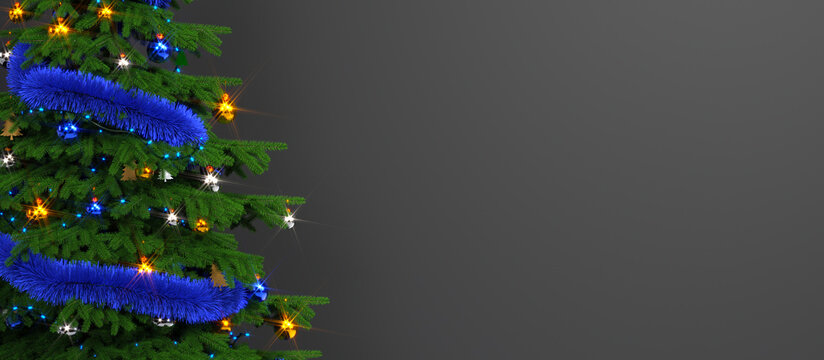 Decorated Christmas Tree with Lights and Golden Tinsel Banner on gray Background