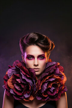 Avant garde fashion beauty portrait of female model with bold pink makeup and extravagant purple floral paper collar on dark studio background.