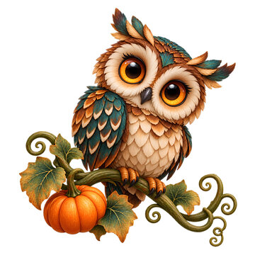 Cute Autumn Owl Perched on a Curled Branch beside an Orange Pumpkin and Golden Fall Leaves Isolated on Transparent Background