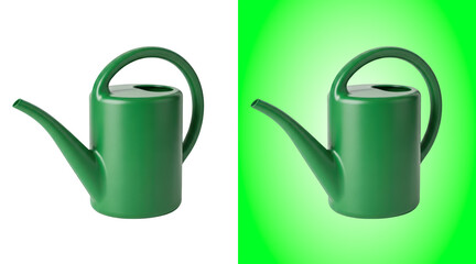Green plastic watering can for gardening isolated on a white background, with handle and spout © Tamim