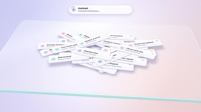 Notification cards pile up on a glass panel and get sorted into work, personal and travel summaries