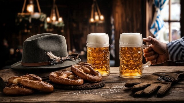 Two beer mugs with foam, pretzels, and a traditional Bavarian hat on a rustic wooden table at Oktoberfest
