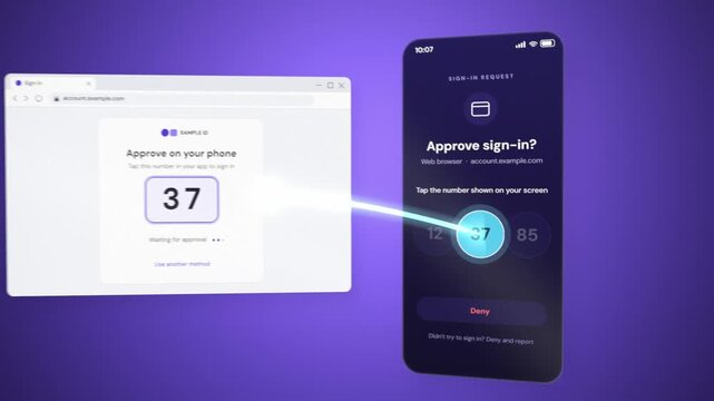 Browser sign-in approved on a smartphone by number matching with a glowing link and check marks