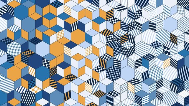 Animated colorful isometric cubes shifting and morphing across a geometric patterned surface, creating a dynamic op art optical illusion.